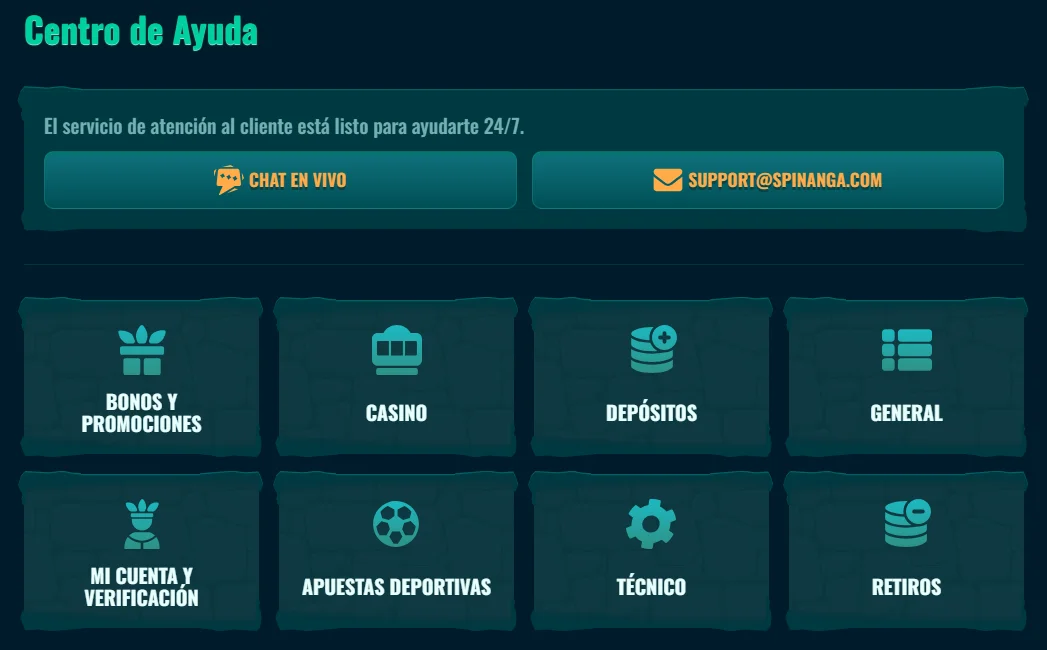 Spinanga Casino Soporte al jugador